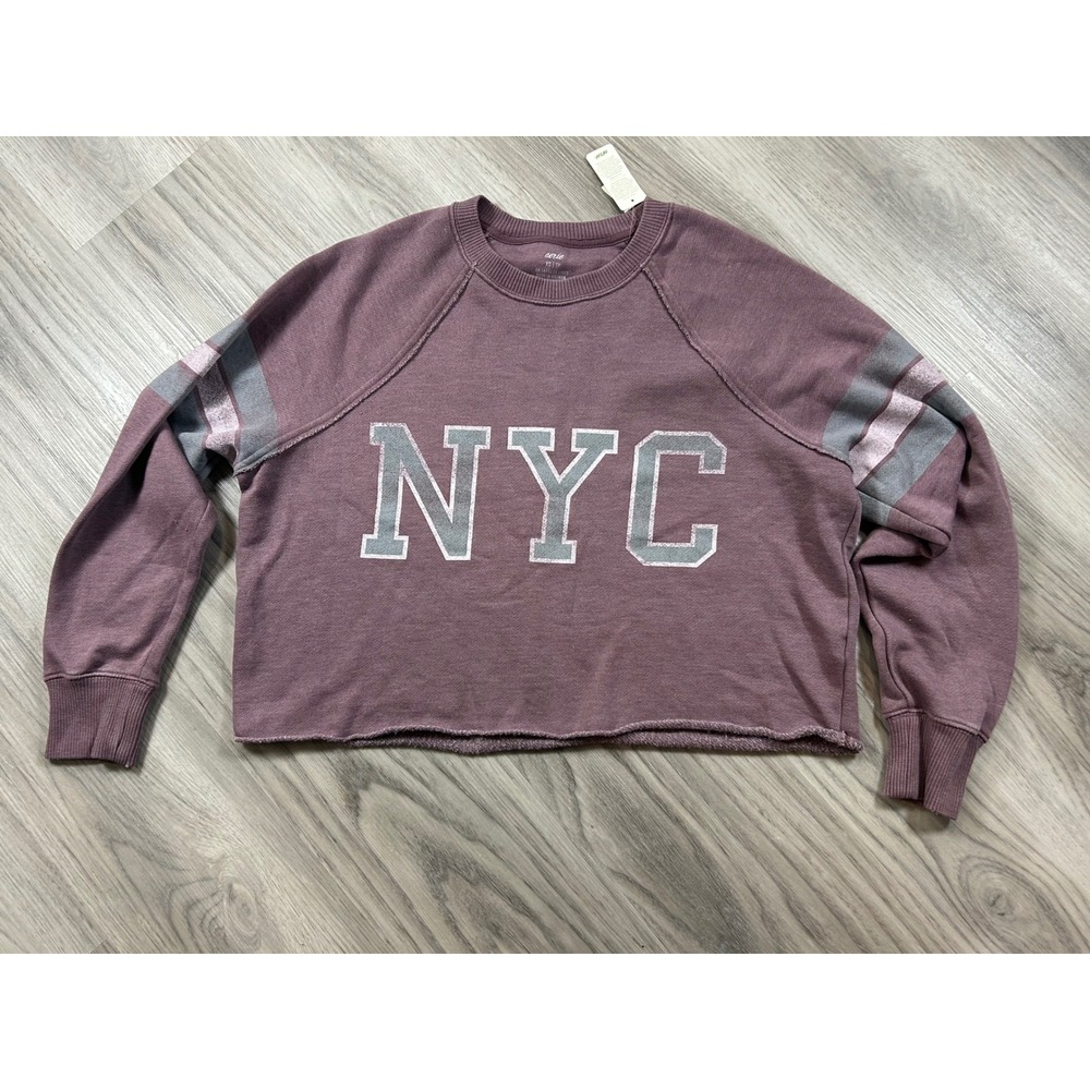 Aerie NYC Graphic Cropped Sweatshirt Mauve Purple XS New With Tags Raglan Sleeve